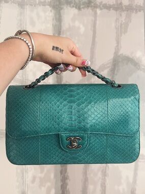 CHANEL Teal Python Double Flap Shoulder Bag